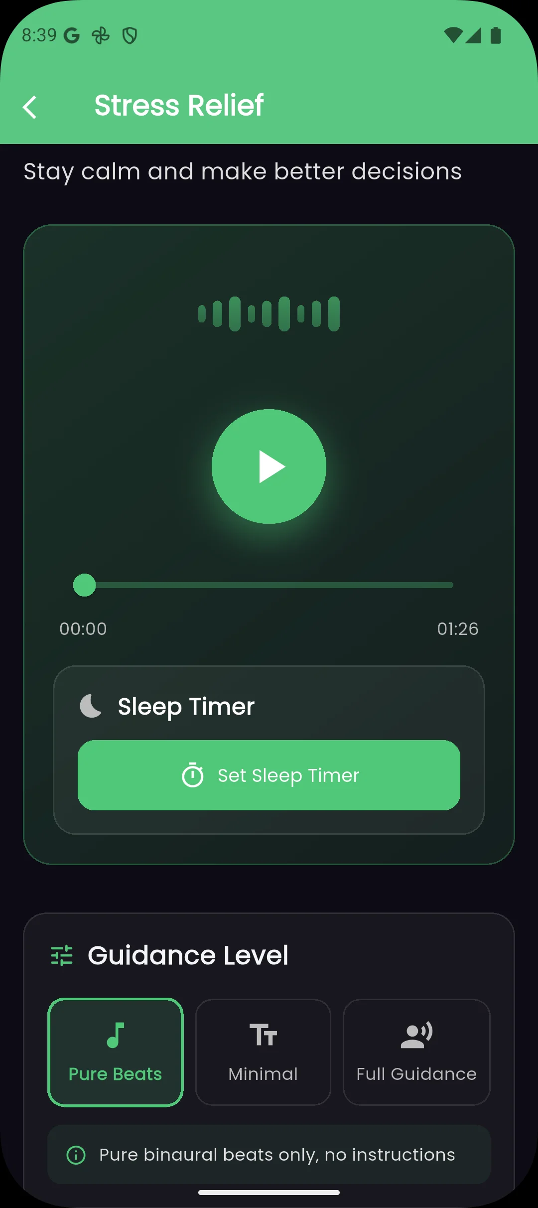 Mind Rewire audio player and sleep timer